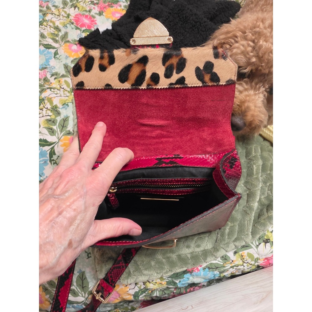 Red Snakeskin and Leopard Calf Hair Crossbody Satchel Bag with Gold Hardware - Picture 12 of 12